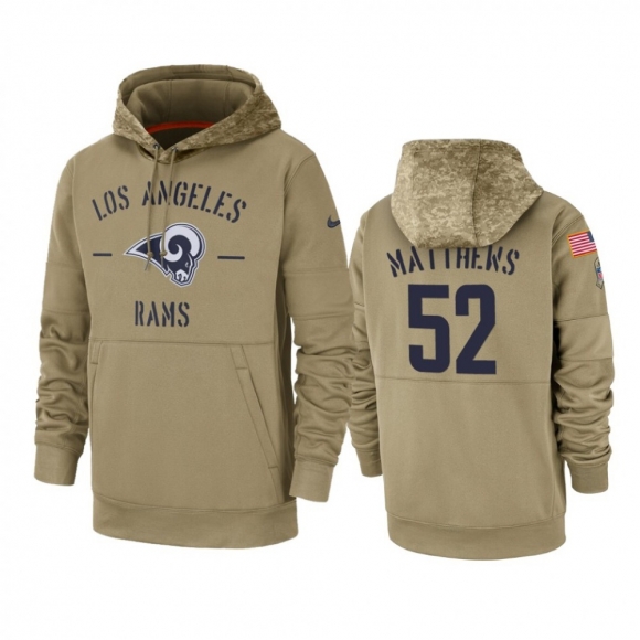 Men's Los Angeles Rams #52 Clay Matthews Tan 2019 Salute to Service Sideline Therma Pullover Hoodie