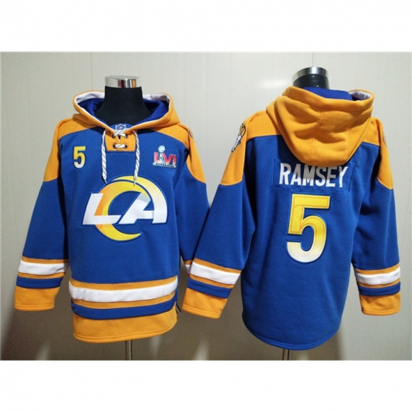 Men's Los Angeles Rams #5 Jalen Ramsey 2022 Royal Super Bowl LVI Champions Pullover Hoodie