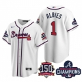 Men's Atlanta Braves #1 Ozzie Albies 2021 White World Series Champions With 150th Anniversary Patch Cool Base Stitched Jersey