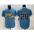 Men's Milwaukee Brewers #28 Joey Wiemer 2022 Powder Blue City Connect Cool Base Stitched Jersey