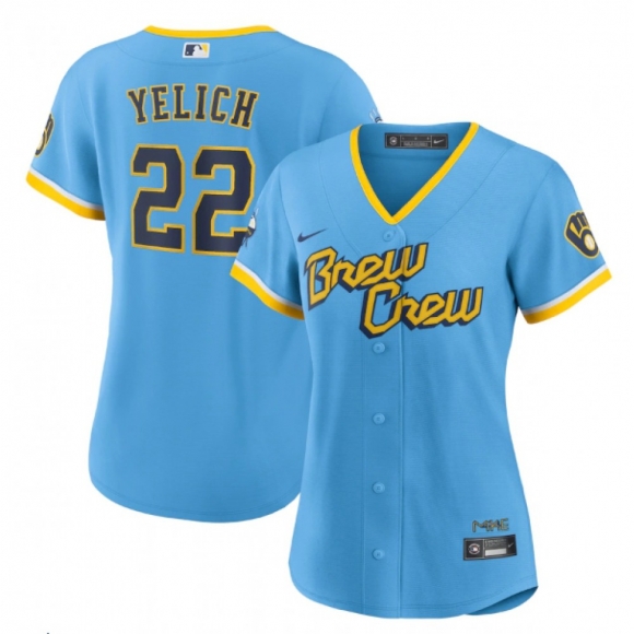 Women's Milwaukee Brewers #22 Christian Yelich 2022 Powder Blue City Connect Cool Base Stitched Jersey(Run Small)