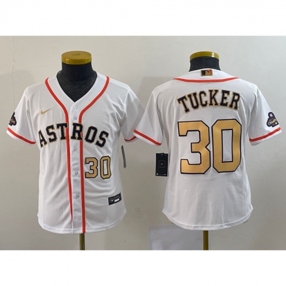 Youth Houston Astros #30 Kyle Tucker White 2023 Gold Collection With World Serise Champions Patch Stitched Baseball Jersey