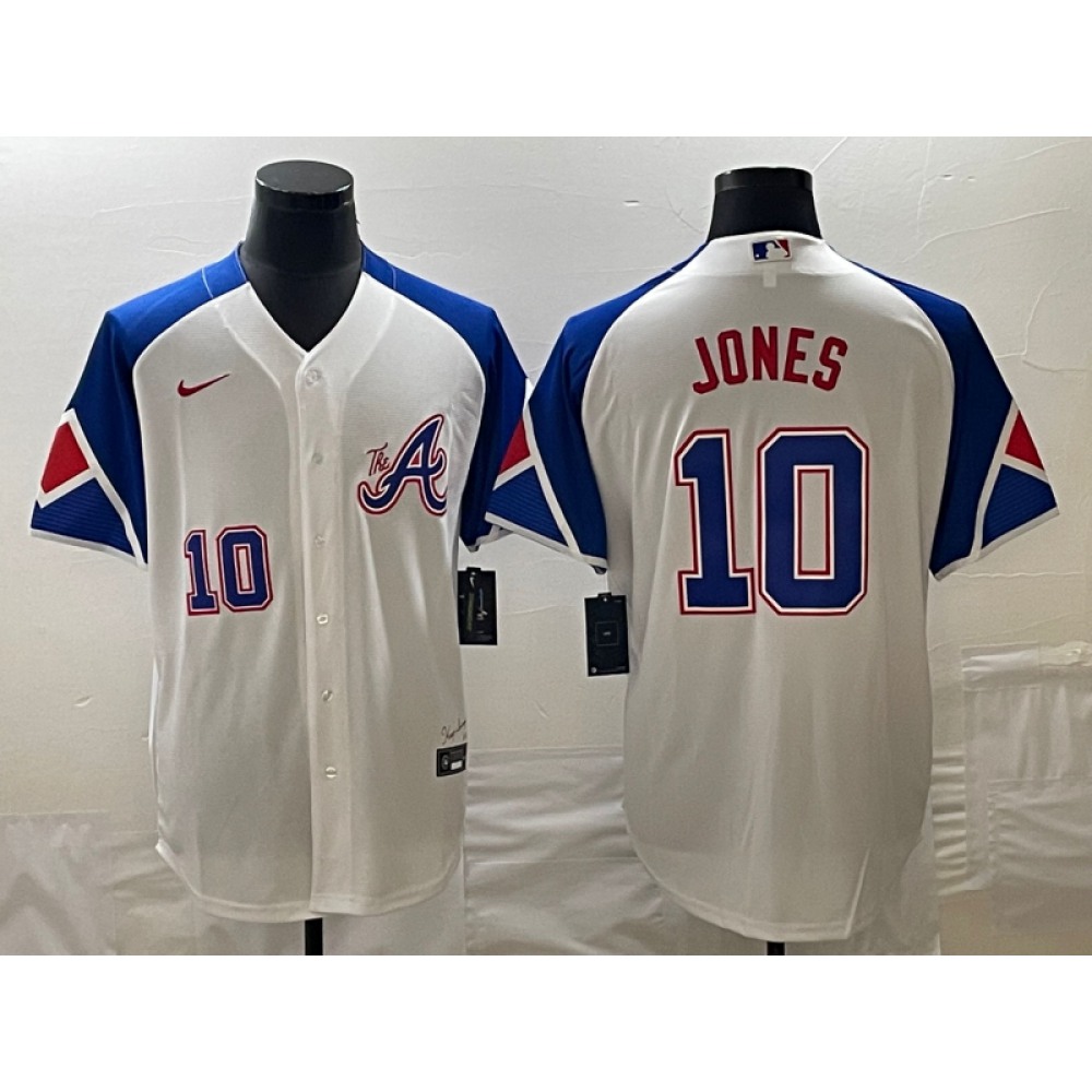 Men's Atlanta Braves #10 Chipper Jones White 2023 City Connect Cool Base With Patch Stitched Baseball Jersey