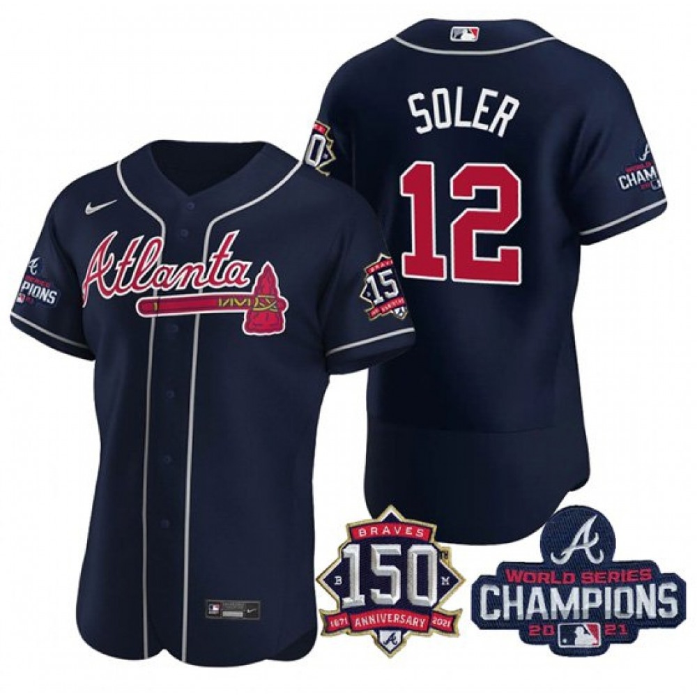 Men's Atlanta Braves #12 Jorge Soler 2021 Navy World Series Champions With 150th Anniversary Flex Base Stitched Jersey