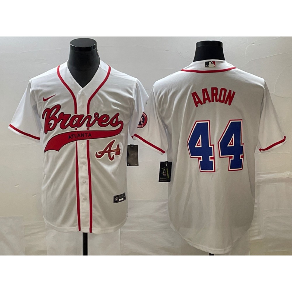 Men's Atlanta Braves #44 Hank Aaron White Cool Base With Patch Stitched Baseball Jersey