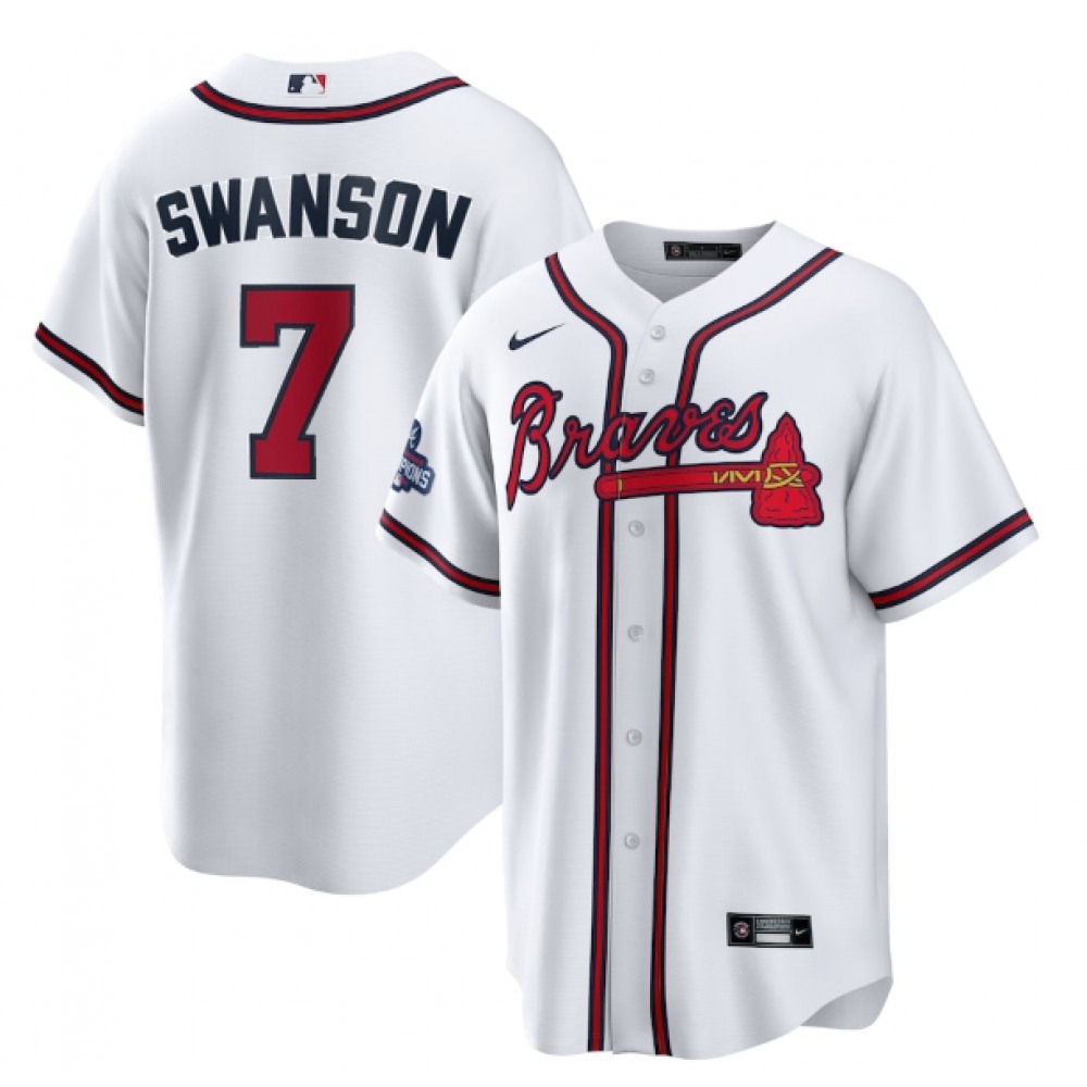 Men's Atlanta Braves #7 Dansby Swanson 2021 White World Series Champions Cool Base Stitched Jersey