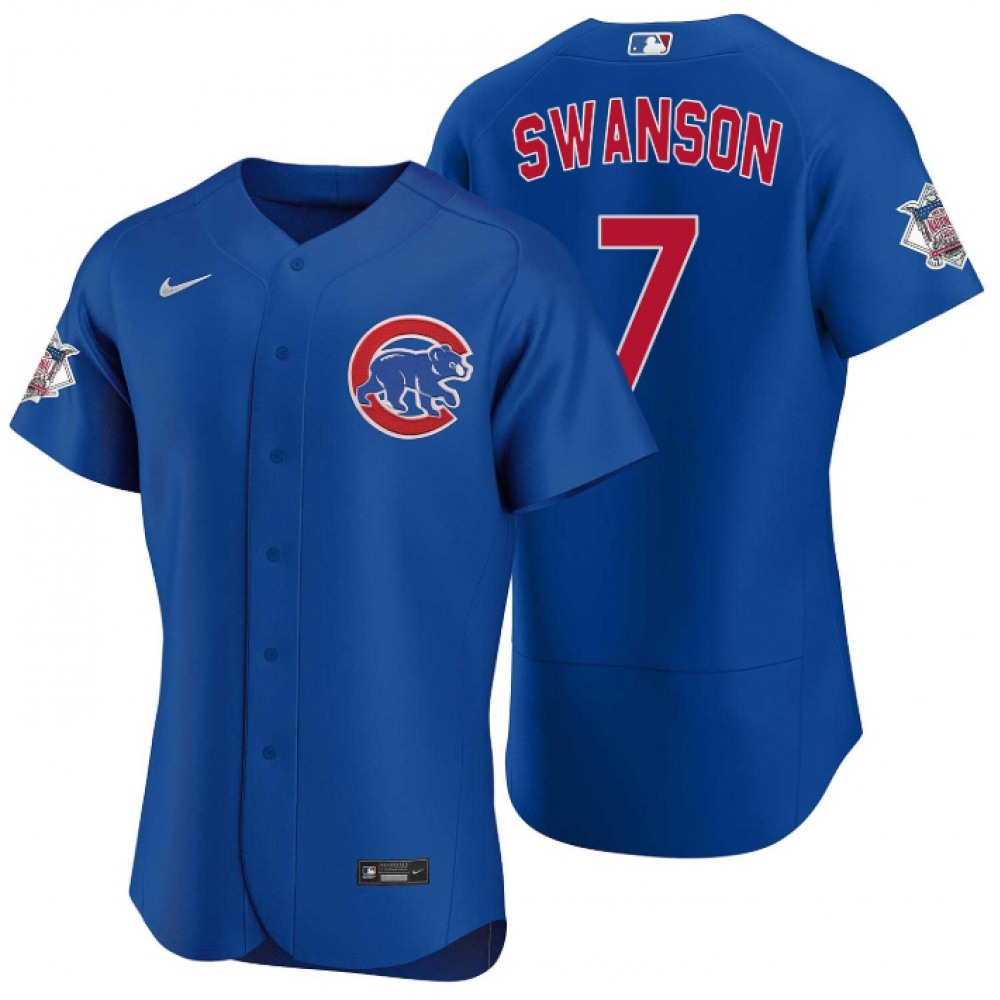 Men's Chicago Cubs #7 Dansby Swanson Royal Flex Base Stitched Baseball Jersey