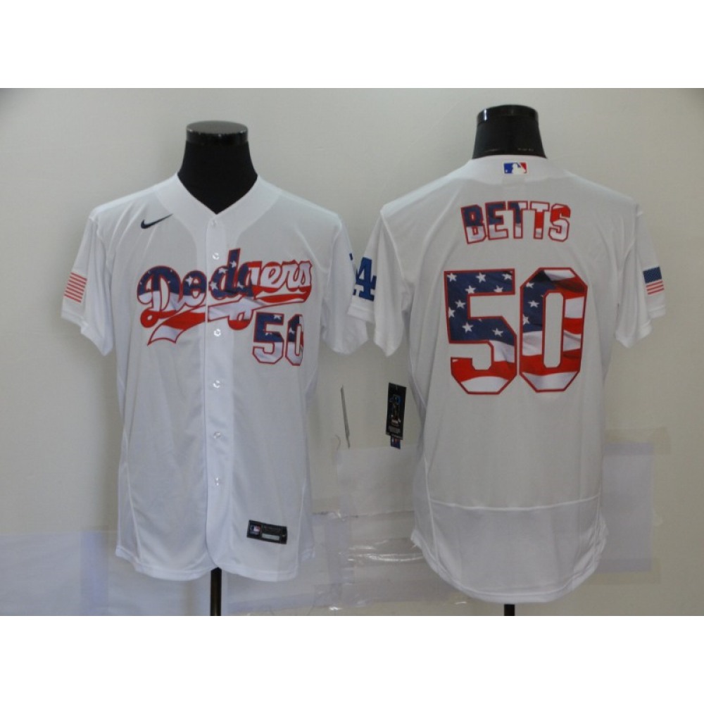 Men's Los Angeles Dodgers #50 Mookie Betts White 2020 Stars & Stripes Flex Base Stitched Jersey