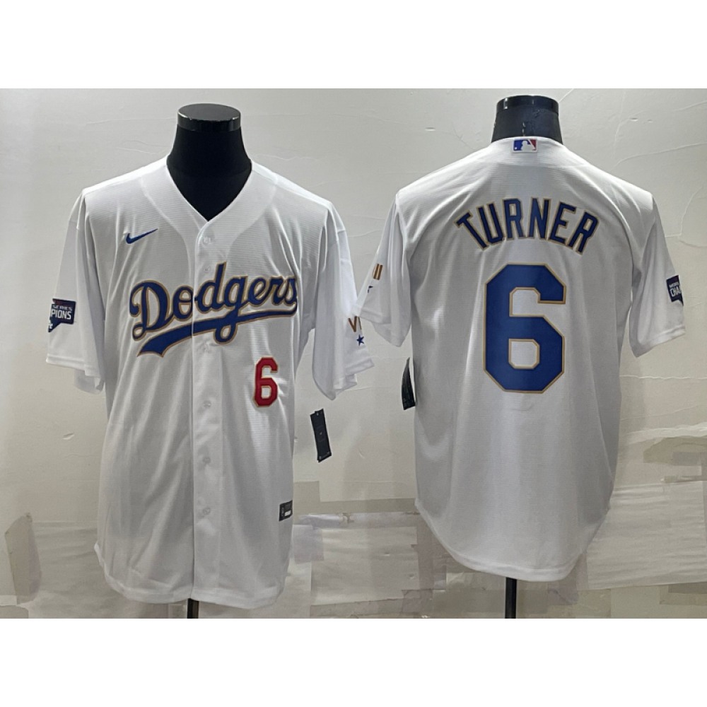 Men's Los Angeles Dodgers #6 Trea Turner White Gold Championship Cool Base Stitched Baseball Jersey