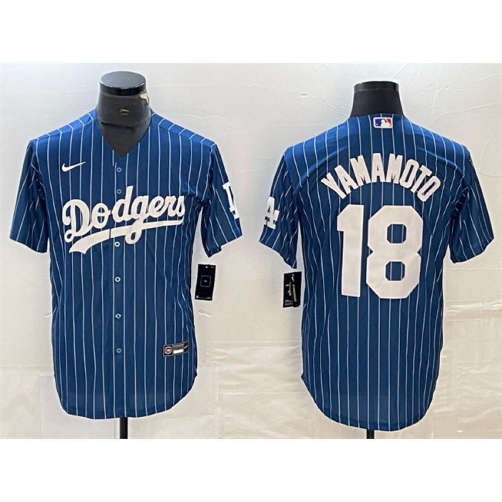 Men's Los Angeles Dodgers #18 Yoshinobu Yamamoto Navy Cool Base With Patch Stitched Baseball Jersey