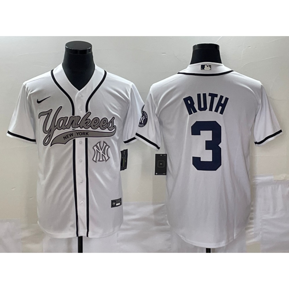 Men's New York Yankees #3 Babe Ruth White With Patch Cool Base Stitched Baseball Jersey