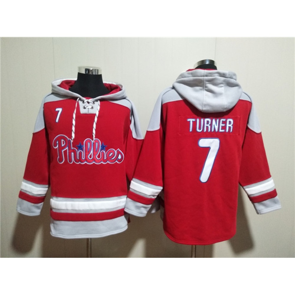 Men's Philadelphia Phillies #7 Trea Turner Red Ageless Must-Have Lace-Up Pullover Hoodie