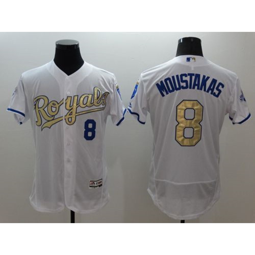 Royals #8 Mike Moustakas White 2015 World Series Champions Gold Program FlexBase Authentic Stitched MLB Jersey