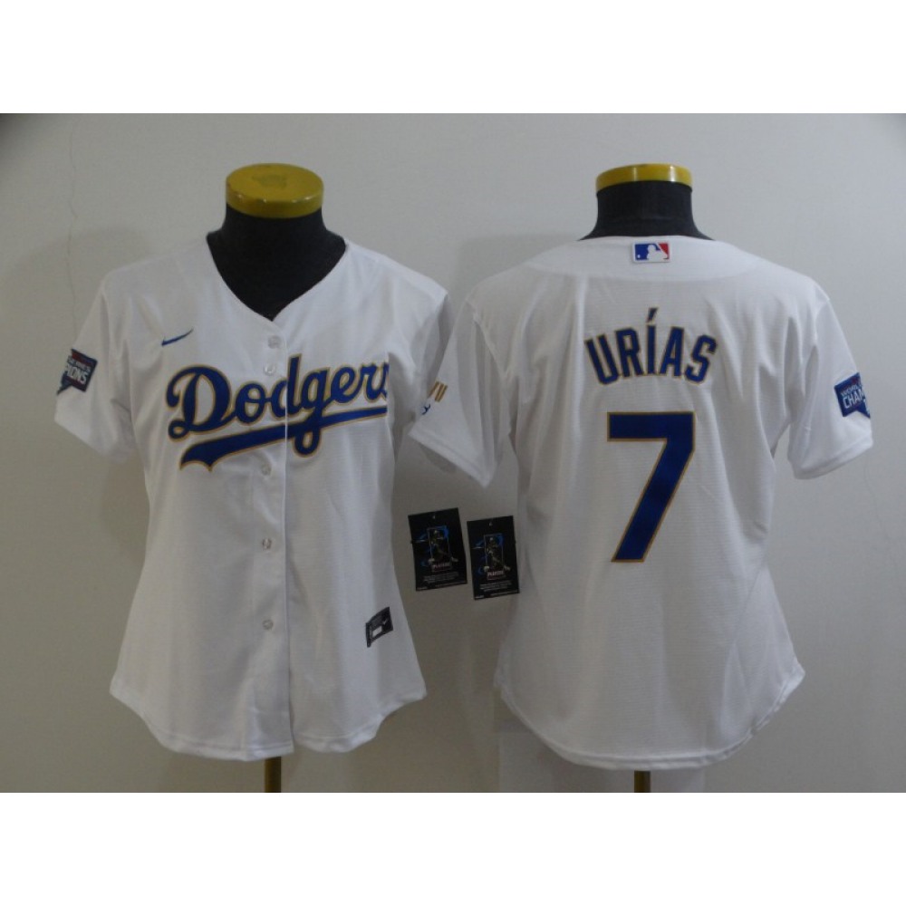 Women's Los Angeles Dodgers #7 Julio Urias White Gold Championship Cool Base Stitched Jersey(Run Small)