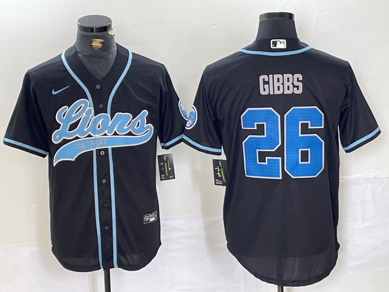 Men's Detroit Lions #26 Jahmyr Gibbs Black With Patch Cool Base Stitched Baseball Jersey