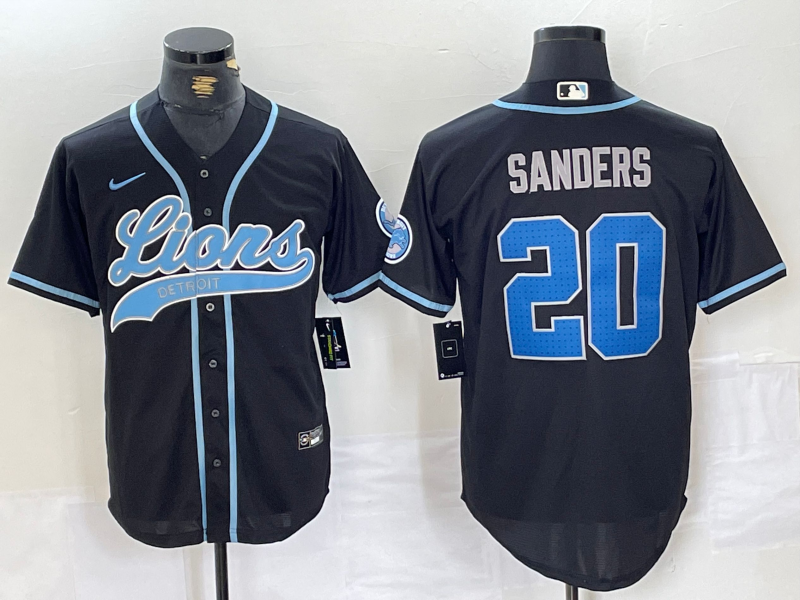 Men's Detroit Lions #20 Barry Sanders Black With Patch Cool Base Stitched Baseball Jersey