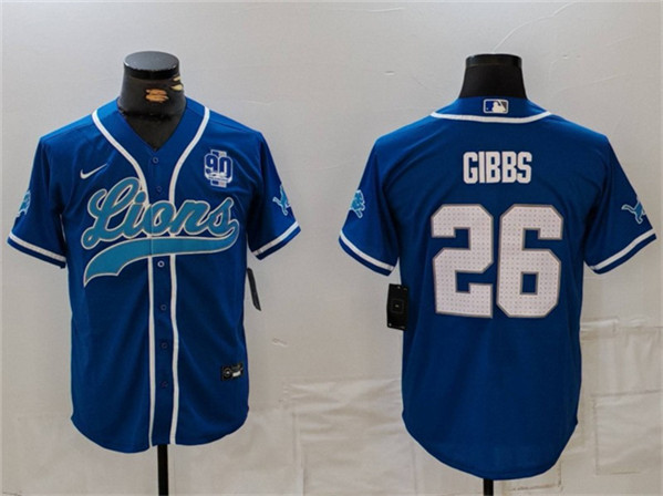 Men's Detroit Lions #26 Jahmyr Gibbs Blue With 90th Anniversary Patch Cool Base Stitched Baseball Jersey