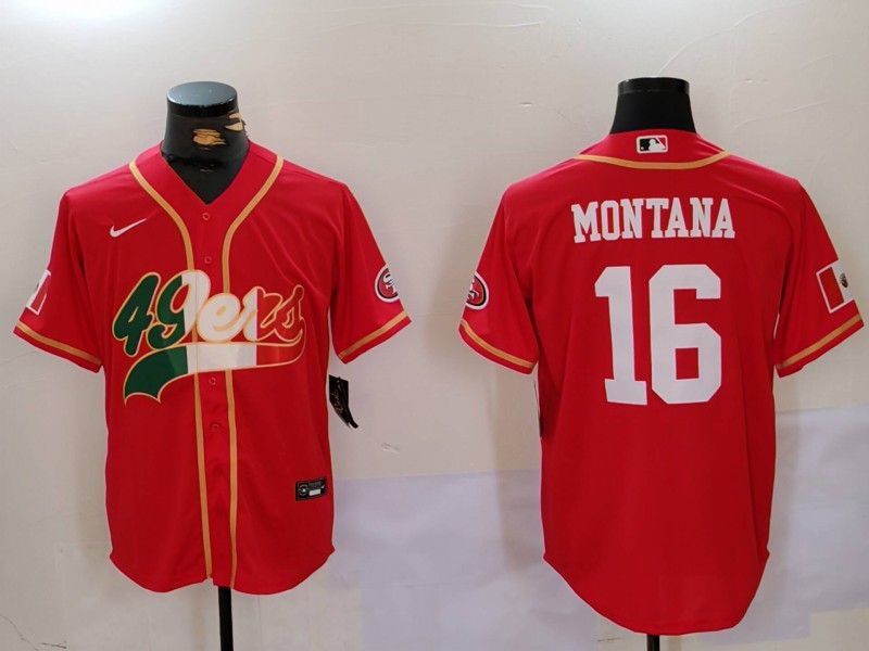 Men's San Francisco 49ers #16 Joe Montana Red With Patch Cool Base Stitched Baseball Jersey