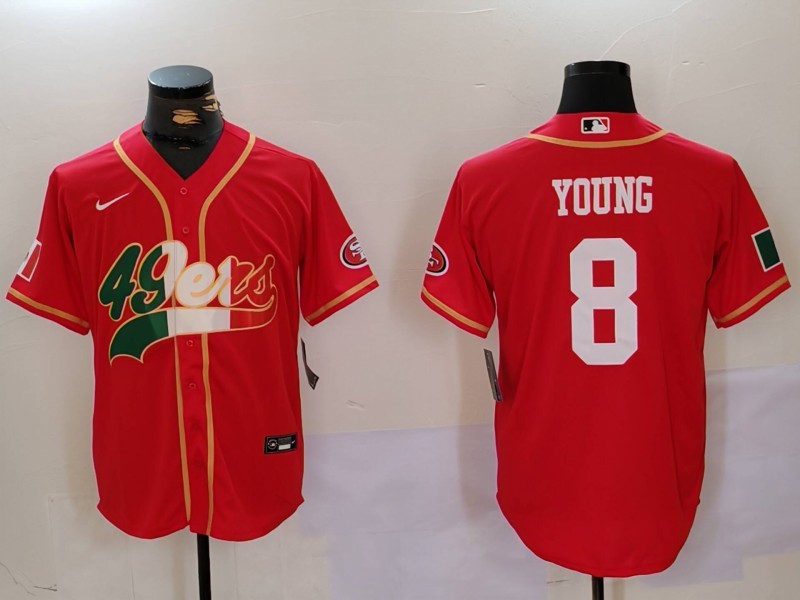 Men's San Francisco 49ers #8 Steve Young Red With Patch Cool Base Stitched Baseball Jerseys