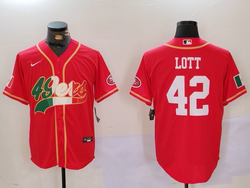 Men's San Francisco 49ers #42 Ronnie Lott Red With Patch Cool Base Stitched Baseball Jerseys