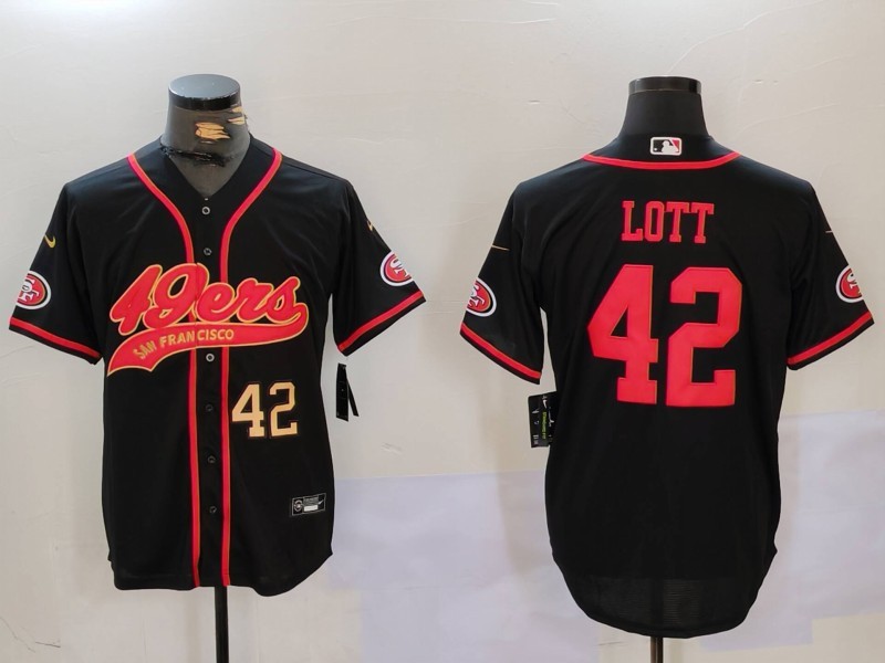 Men's San Francisco 49ers #42 Ronnie Lott Black With Patch Cool Base Stitched Baseball Jerseys