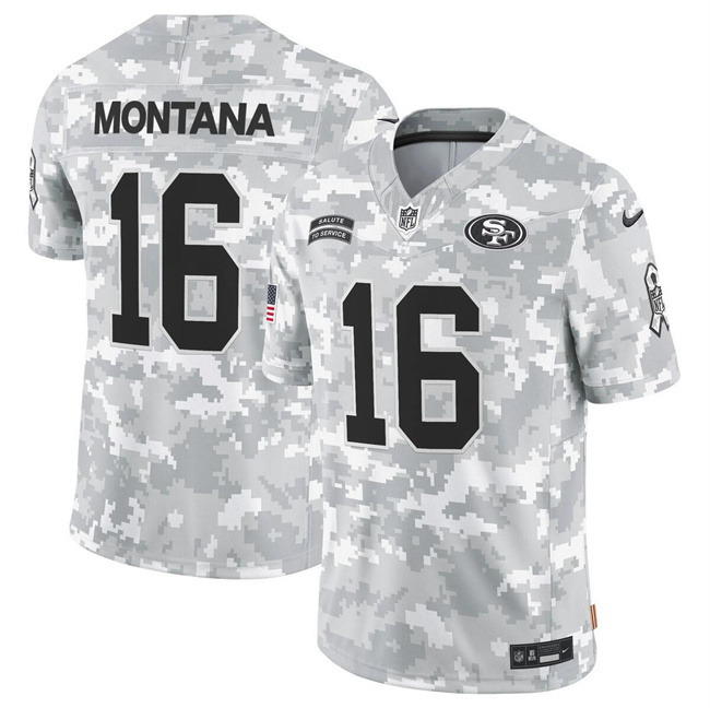 Men's San Francisco 49ers #16 Joe Montana 2024 F.U.S.E Arctic Camo Salute To Service Limited Stitched Football Jersey