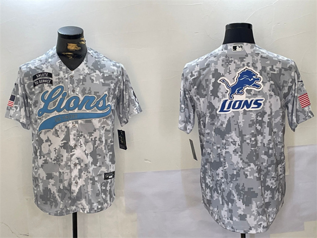 Men's Detroit Lions Team Big Logo 2024 Arctic Camo Salute To Service Stitched Baseball Jersey