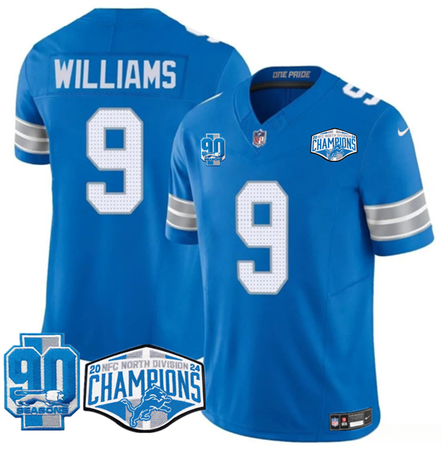 Men's Detroit Lions #9 Jameson Williams Blue 2024 NFC North Champions 90th Anniversary Patch F.U.S.E. Vapor Limited Stitched Jersey