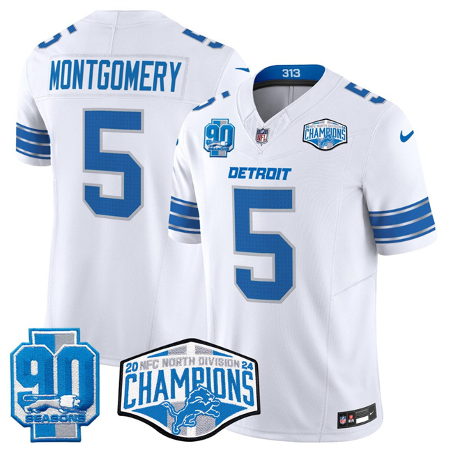 Men's Detroit Lions #5 David Montgomery White 2024 NFC North Champions 90th Anniversary Patch F.U.S.E. Vapor Limited Stitched Jersey