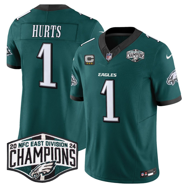 Men's Philadelphia Eagles #1 Jalen Hurts Green 2024 New NFC East Champions With 3-Star C Patch F.U.S.E. Vapor Untouchable Limited Stitched Football Jersey