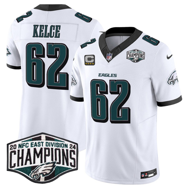 Men's Philadelphia Eagles #62 Jason Kelce White 2024 New NFC East Champions With 4-Star C Patch F.U.S.E. Vapor Untouchable Limited Stitched Football Jersey