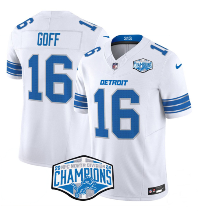 Men's Detroit Lions #16 Jared Goff White 2024 NFC North Champions F.U.S.E. Vapor Limited Stitched Jersey