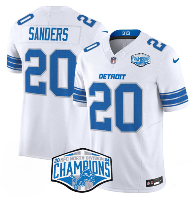 Men's Detroit Lions #20 Barry Sanders White 2024 NFC North Champions F.U.S.E. Vapor Limited Stitched Jersey