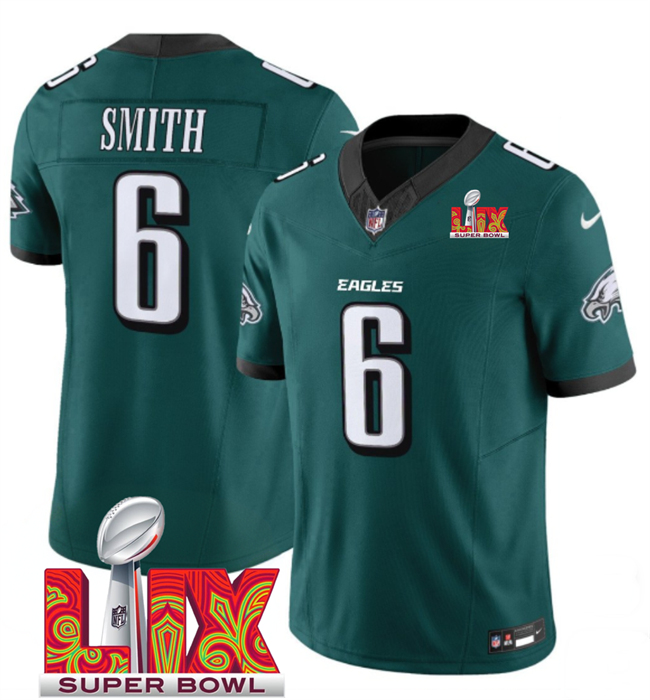 Men's Philadelphia Eagles #6 DeVonta Smith Green 2025 Super Bowl LIX Patch New F.U.S.E. Vapor Limited Stitched Football Jersey