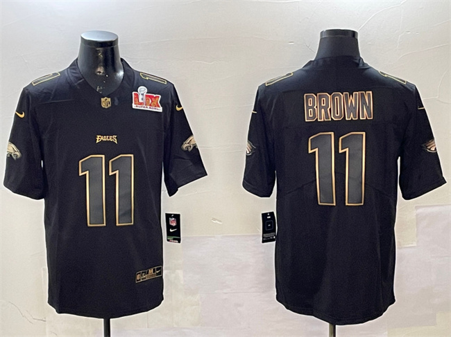 Men's Philadelphia Eagles #11 A. J. Brown Black Gold 2025 Super Bowl LIX Patch Vapor Untouchable Limited Stitched Football Jersey