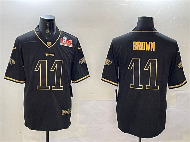 Men's Philadelphia Eagles #11 A. J. Brown Black Gold 2025 Super Bowl LIX Patch Salute To Service Vapor Untouchable Limited Stitched Football Jersey