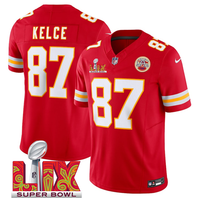 Men's Kansas City Chiefs #87 Travis Kelce Red 2025 Super Bowl LIX Patch F.U.S.E. Vapor Limited Stitched Football Jersey