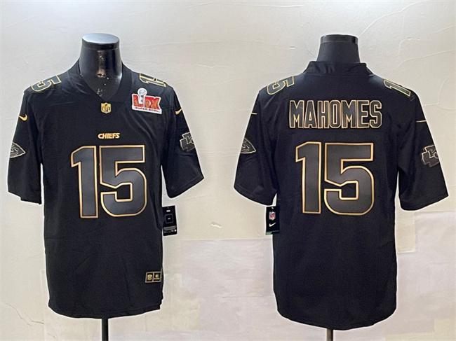 Men's Kansas City Chiefs #15 Patrick Mahomes Black Gold 2025 Super Bowl LIX Patch Vapor Limited Stitched Football Jersey