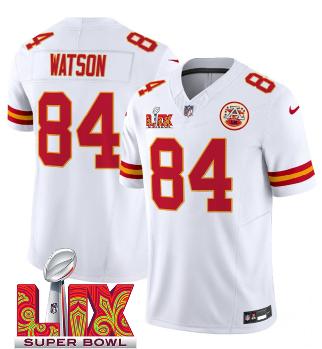 Men's Kansas City Chiefs #84 Justin Watson White 2025 Super Bowl LIX Patch F.U.S.E. Vapor Limited Stitched Football Jersey