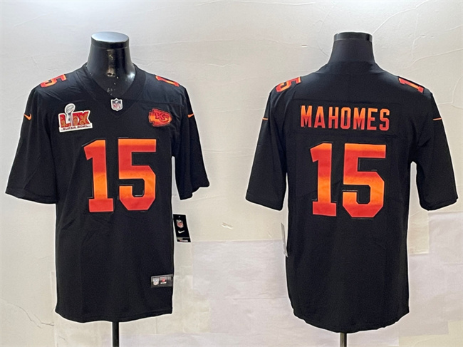 Men's Kansas City Chiefs #15 Patrick Mahomes Black 2025 Super Bowl LIX Patch Fashion Vapor Limited Stitched Football Jersey