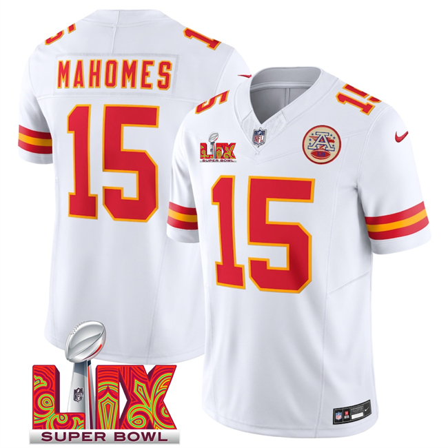 Men's Kansas City Chiefs #15 Patrick Mahomes White 2025 Super Bowl LIX Patch F.U.S.E. Vapor Limited Stitched Football Jersey