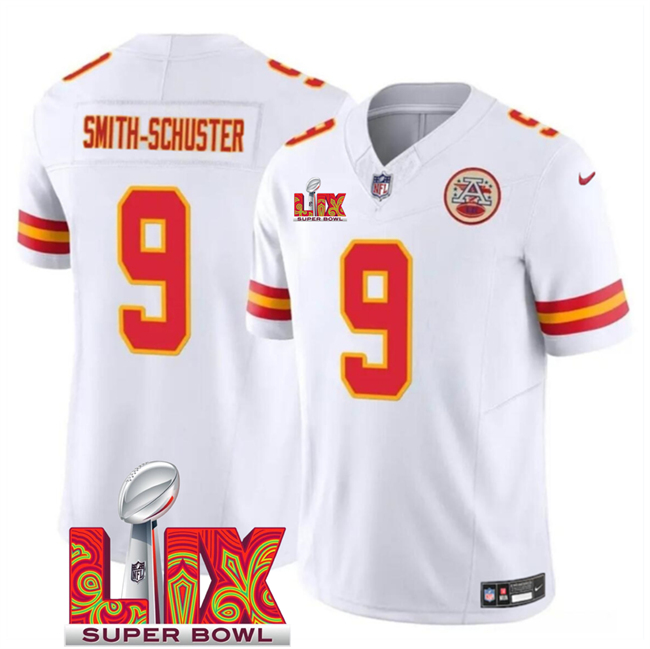 Men's Kansas City Chiefs #9 JuJu Smith-Schuster White 2025 Super Bowl LIX Patch F.U.S.E. Vapor Limited Stitched Football Jersey