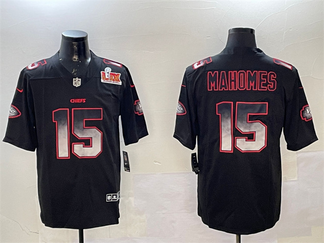 Men's Kansas City Chiefs #15 Patrick Mahomes Black 2025 Super Bowl LIX Patch Smoke Fashion Vapor Limited Stitched Football Jersey