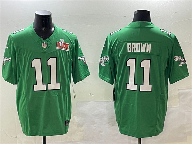 Men's Philadelphia Eagles #11 A.J. Brown Green 2025 Super Bowl LIX Patch F.U.S.E. Throwback Vapor Untouchable Limited Stitched Football Jersey