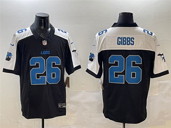 Men's Detroit Lions #26 Jahmyr Gibbs Black White F.U.S.E. 2024 Michigan Patch Vapor Limited Football Stitched Jersey