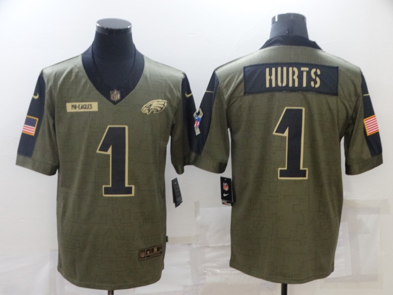 Men's Philadelphia Eagles #1 Jalen Hurts 2021 Olive Salute To Service Limited Stitched Jersey