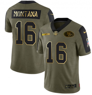 Men's Olive San Francisco 49ers #16 Joe Montana 2021 Camo Salute To Service Golden Limited Stitched Jersey