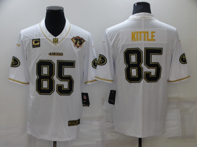 Men's San Francisco 49ers #85 George Kittle White 75th Patch Golden Edition Stitched NFL Nike Limited Jersey