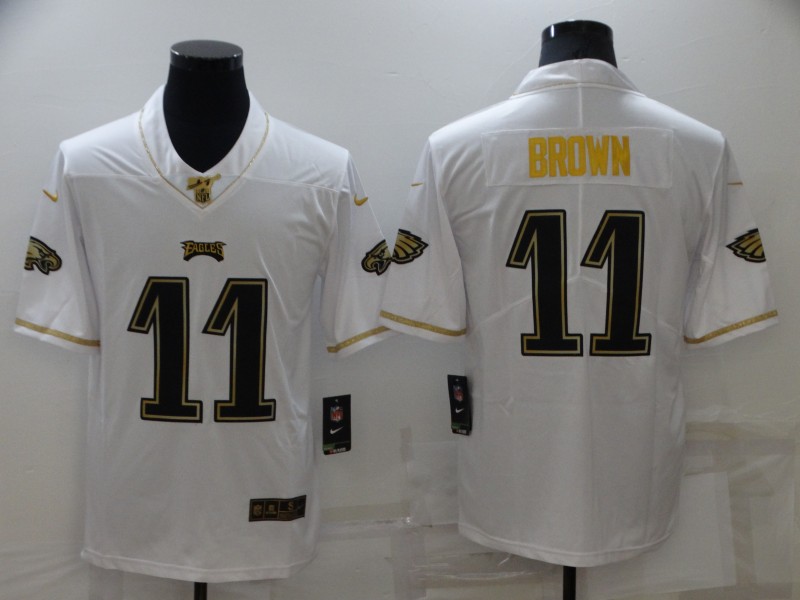 Men's Philadelphia Eagles #11 A. J. Brown White 100th Season Golden Edition Jersey