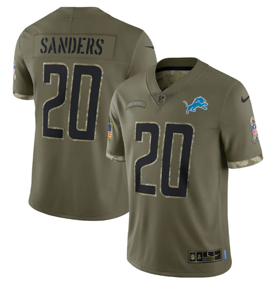 Men's Detroit Lions #20 Barry Sanders 2022 Olive Salute To Service Limited Stitched Jersey